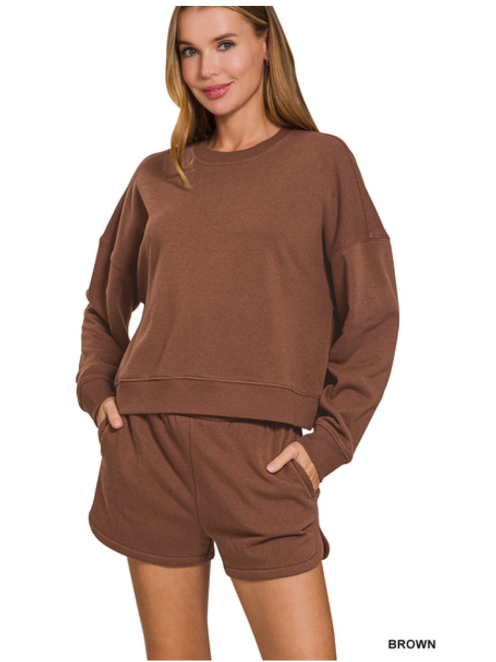 Brown ZENANA FLEECE LONG SLEEVE
SWEATSHIRTS & SHORTS SET